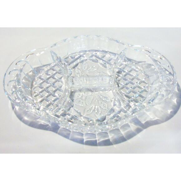 Clear Glass Diamond Cut DIVIDED SERVING DISH Dogwood Flower Oval Platter Plate - Picture 5 of 6